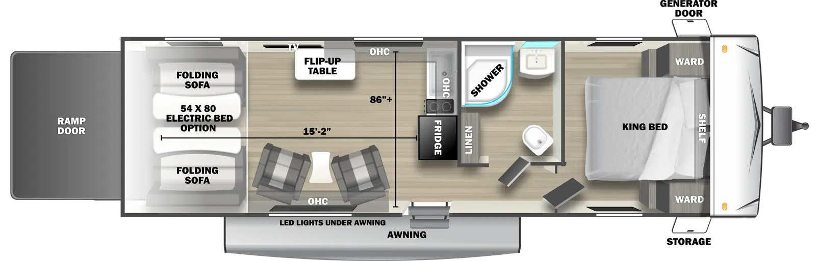 The 2750SRX travel trailer has no slide outs, 1 entry door and 1 rear ramp door. Exterior features include an awning with LED lights, front door side storage and front off-door side generator door. Interior layout from front to back includes: front bedroom with foot-facing King bed, shelf over the bed, and front corner wardrobes; off-door side bathroom with shower, linen storage, toilet and single sink vanity; rear facing kitchen countertop with sink, overhead cabinet, stove top and rear facing refrigerator; overhead cabinet continues to off-door side; off-door side TV with flip-up table; 2 door side recliners with end table; and rear 54 x 80 electric bed option over electric pass-through dinette. Cargo length from rear of unit to refrigerator is 15 ft. 2 in. Cargo width from wall to wall is is 86 inches.